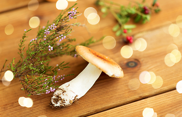 Image showing russule mushroom with heather on wooden background