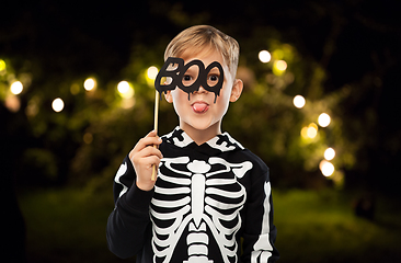 Image showing boy in halloween costume of skeleton making faces