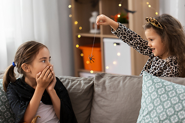 Image showing girls in halloween costumes playing with spider