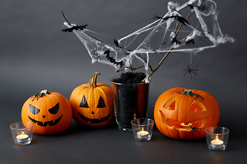 Image showing pumpkins, candles and halloween decorations