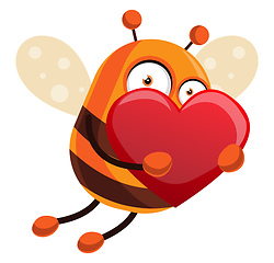 Image showing Bee is holding a big red heart, illustration, vector on white ba