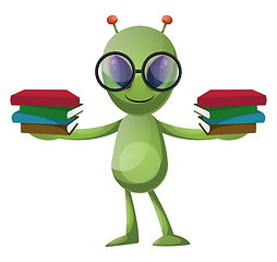 Image showing Alien with books, illustration, vector on white background.