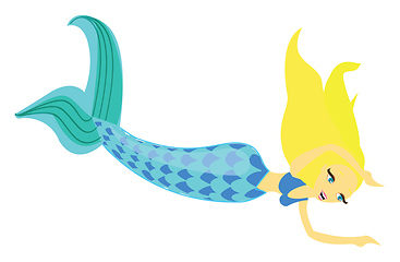 Image showing Blue-tailed bra-wearing woman mermaid, swimming, vector or color