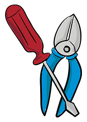 Image showing Red screwdriver and blue pliers illustration vector on white bac