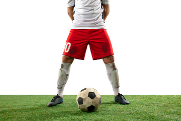 Image showing Close up legs of professional soccer, football player fighting for ball on field isolated on white background