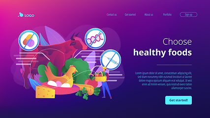 Image showing Free from antibiotics hormones GMO foods concept landing page.