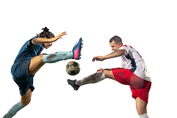 Image showing Close up legs of professional soccer, football players fighting for ball on field isolated on white background