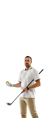 Image showing Golf player in a white shirt practicing, playing isolated on white studio background