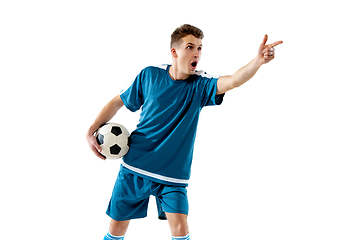 Image showing Funny emotions of professional soccer player isolated on white studio background, excitement in game