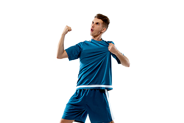 Image showing Funny emotions of professional soccer player isolated on white studio background, excitement in game