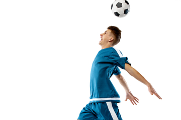 Image showing Funny emotions of professional soccer player isolated on white studio background, excitement in game