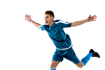 Image showing Funny emotions of professional soccer player isolated on white studio background, excitement in game