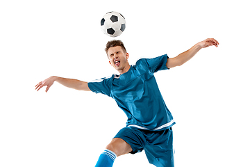 Image showing Funny emotions of professional soccer player isolated on white studio background, excitement in game