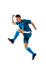 Image showing Funny emotions of professional soccer player isolated on white studio background, excitement in game