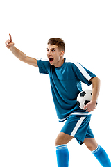 Image showing Funny emotions of professional soccer player isolated on white studio background, excitement in game