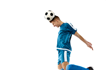 Image showing Funny emotions of professional soccer player isolated on white studio background, excitement in game