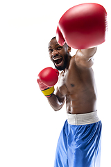 Image showing Bright emotions of professional boxer isolated on white studio background, excitement in game