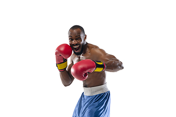 Image showing Bright emotions of professional boxer isolated on white studio background, excitement in game