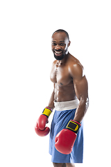 Image showing Bright emotions of professional boxer isolated on white studio background, excitement in game