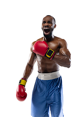 Image showing Bright emotions of professional boxer isolated on white studio background, excitement in game