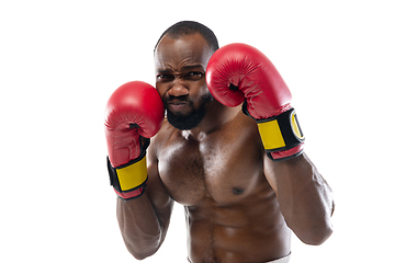 Image showing Bright emotions of professional boxer isolated on white studio background, excitement in game