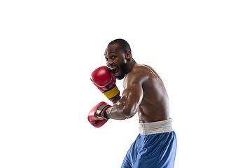 Image showing Bright emotions of professional boxer isolated on white studio background, excitement in game