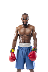 Image showing Bright emotions of professional boxer isolated on white studio background, excitement in game