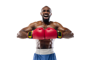 Image showing Bright emotions of professional boxer isolated on white studio background, excitement in game