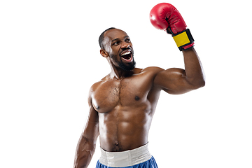 Image showing Bright emotions of professional boxer isolated on white studio background, excitement in game