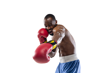 Image showing Bright emotions of professional boxer isolated on white studio background, excitement in game