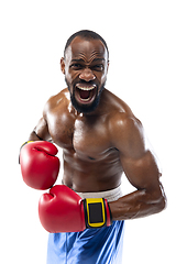 Image showing Bright emotions of professional boxer isolated on white studio background, excitement in game