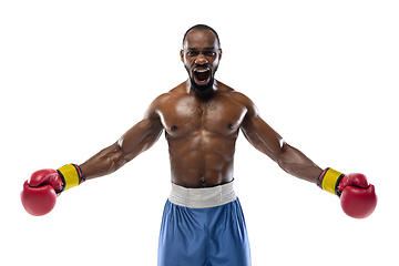 Image showing Bright emotions of professional boxer isolated on white studio background, excitement in game