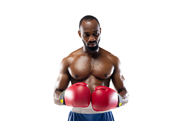 Image showing Bright emotions of professional boxer isolated on white studio background, excitement in game