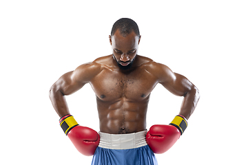 Image showing Bright emotions of professional boxer isolated on white studio background, excitement in game