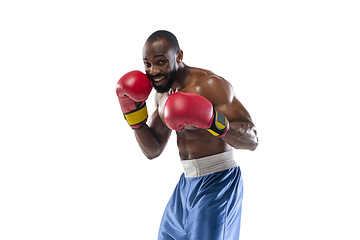 Image showing Bright emotions of professional boxer isolated on white studio background, excitement in game