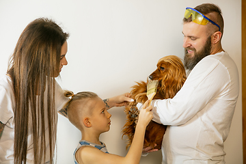 Image showing Young family doing apartment repair together themselves. Mother, father and son doing home makeover or renovation