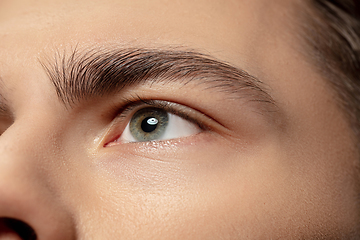 Image showing Close up face of young man isolated on white studio background. Caucasian attractive male model. Concept of fashion and beauty, self-care, body and skin care.