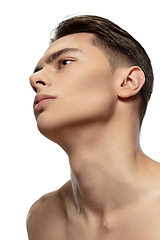 Image showing Portrait of young man isolated on white studio background. Caucasian attractive male model. Concept of fashion and beauty, self-care, body and skin care.