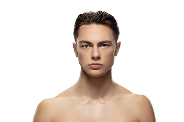 Image showing Portrait of young man isolated on white studio background. Caucasian attractive male model. Concept of fashion and beauty, self-care, body and skin care.