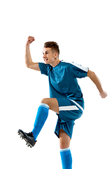 Image showing Funny emotions of professional soccer player isolated on white studio background, excitement in game