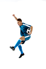 Image showing Funny emotions of professional soccer player isolated on white studio background, excitement in game