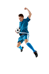Image showing Funny emotions of professional soccer player isolated on white studio background, excitement in game
