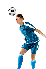 Image showing Funny emotions of professional soccer player isolated on white studio background, excitement in game