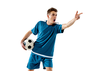 Image showing Funny emotions of professional soccer player isolated on white studio background, excitement in game