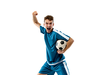 Image showing Funny emotions of professional soccer player isolated on white studio background, excitement in game