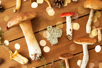 Image showing different edible mushrooms on wooden background