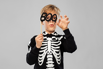 Image showing boy in halloween costume of skeleton making faces