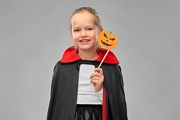 Image showing girl in costume of dracula with cape on halloween