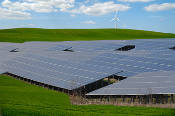 Image showing Rows of solar panels, wind turbine and green nature