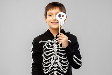 Image showing boy in halloween costume of skeleton with scull